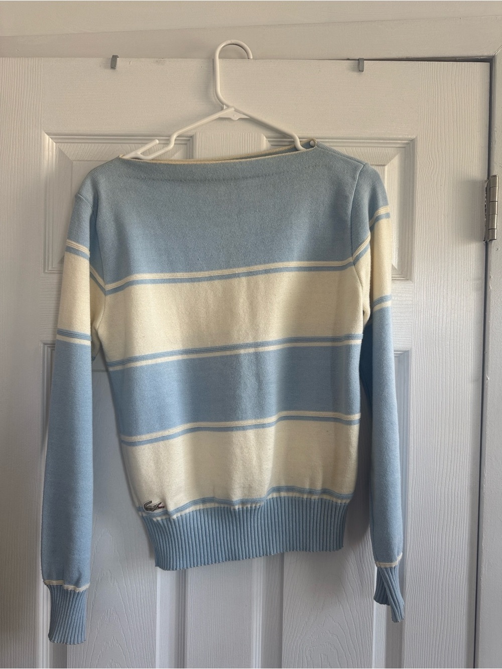 Vintage Lacoste Striped Light Blue and Cream Women's Sweater